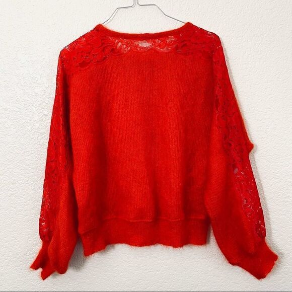 Vintage Red Italian Mohair and Wool Fuzzy Pullover Sweater With Lace Sleeves - Picture 7 of 15